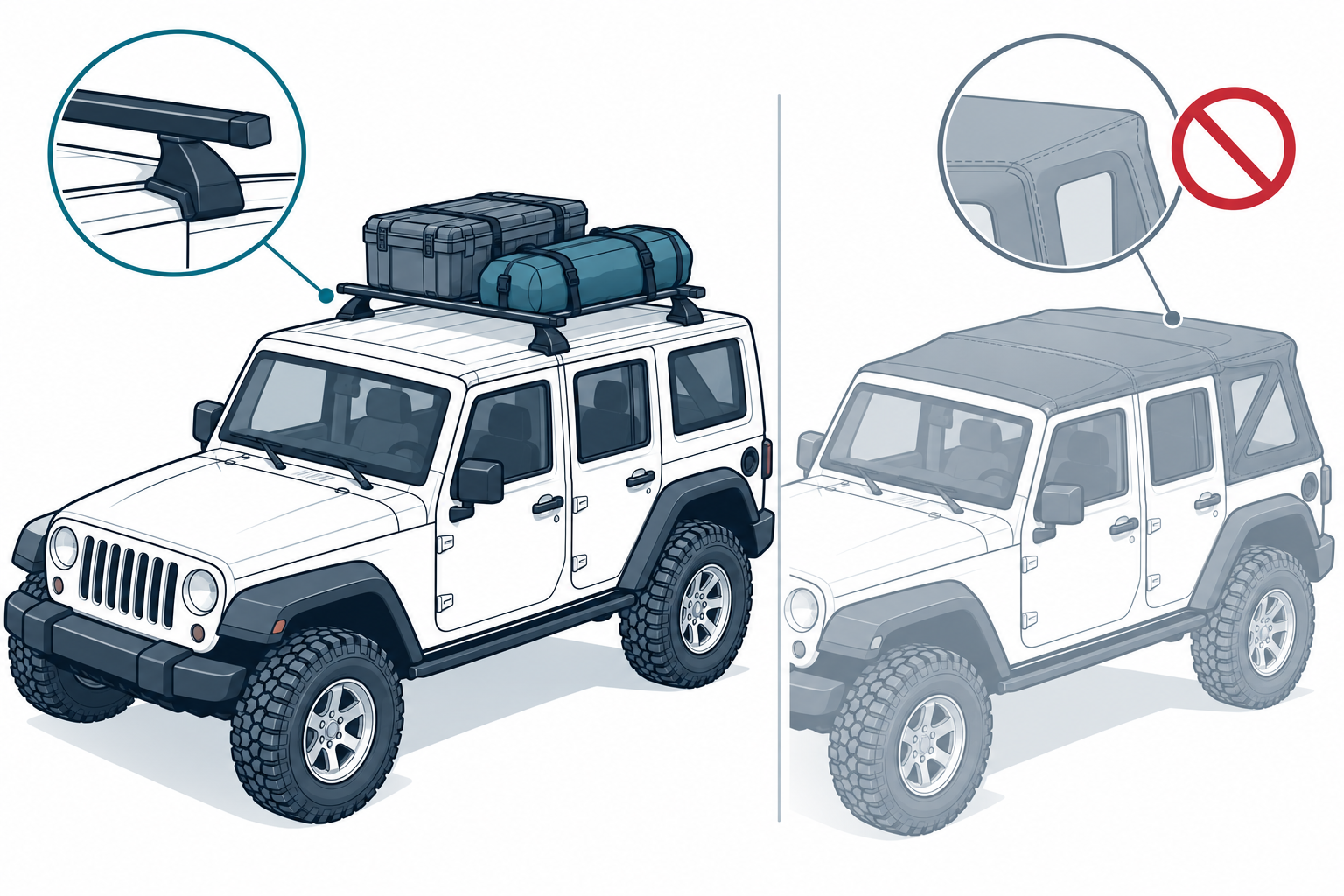A hardtop vehicle with crossbars supports cargo while a soft-top configuration is shown outside this rack guidance