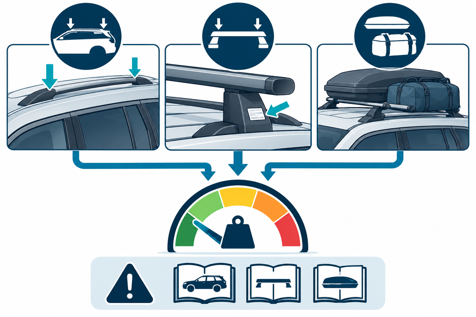 Vehicle rail capacity, rack label, and accessory cargo limits must be checked together against the matching manuals