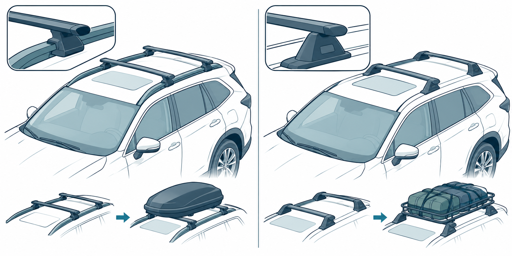 Two roof rack configurations from the manual show crossbars installed before cargo, with distinct rail and stanchion details