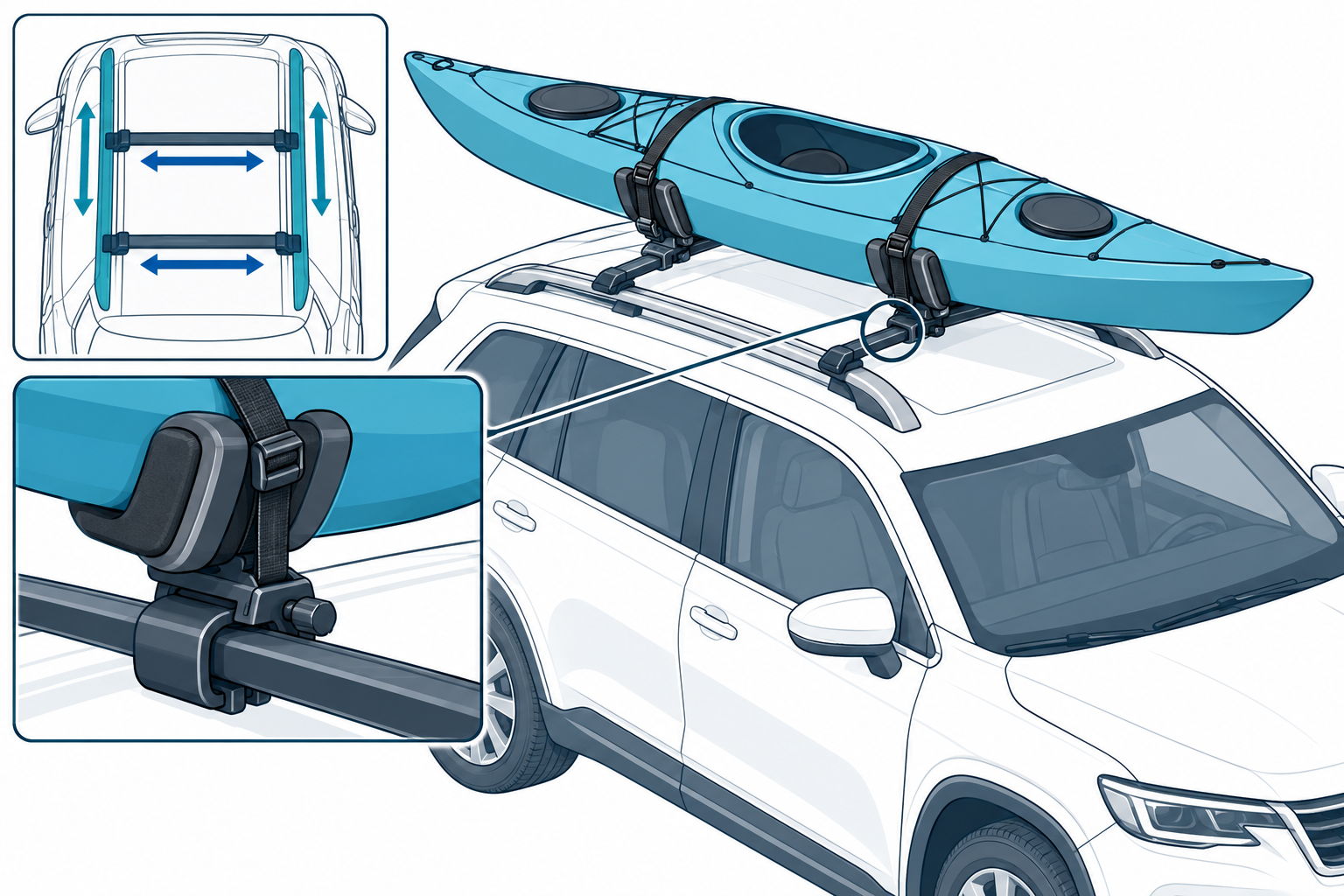 Factory longitudinal rails, separate crossbars, and a kayak carrier clamped to the bars, with the interfaces distinguished