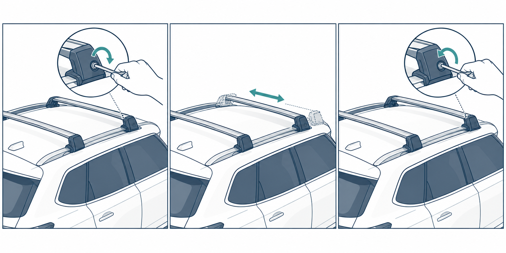 Three-step illustration of loosening the rear crossbar, moving it parallel between rear positions, and retightening it with the supplied wrench