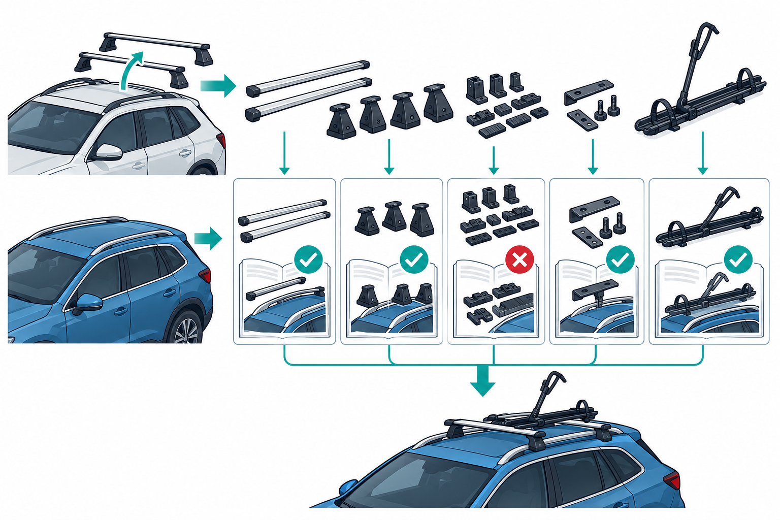 A roof rack is separated into bars, feet, fit kit, adapters, and carrier, then each part is checked against a different destination vehicle