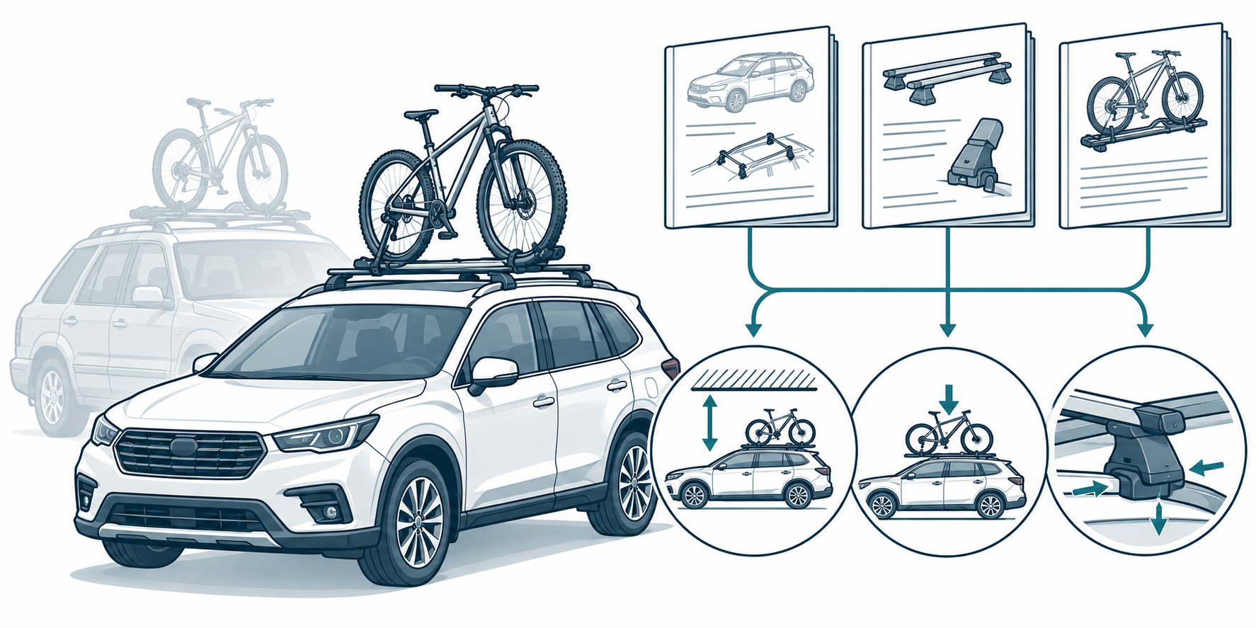 The destination vehicle manual, rack instructions, and accessory instructions guide renewed clearance and attachment checks