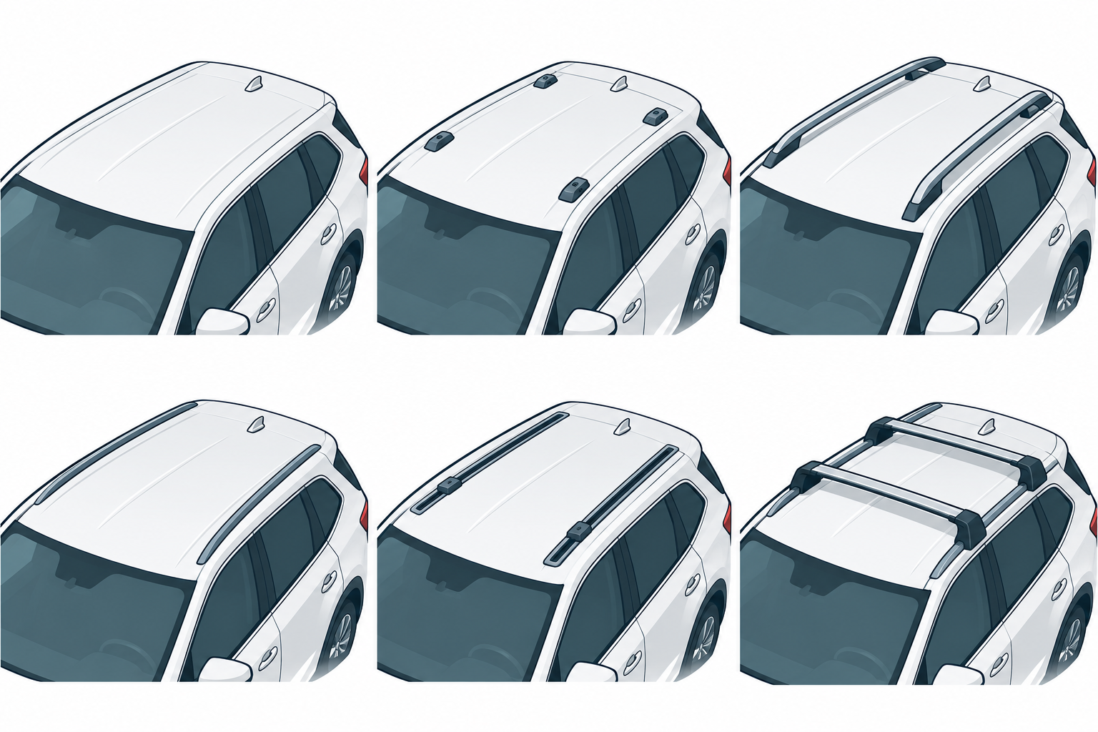 Six roof-interface examples showing a bare roof, fixed mounting points, raised rails, flush rails, tracks, and factory crossbars
