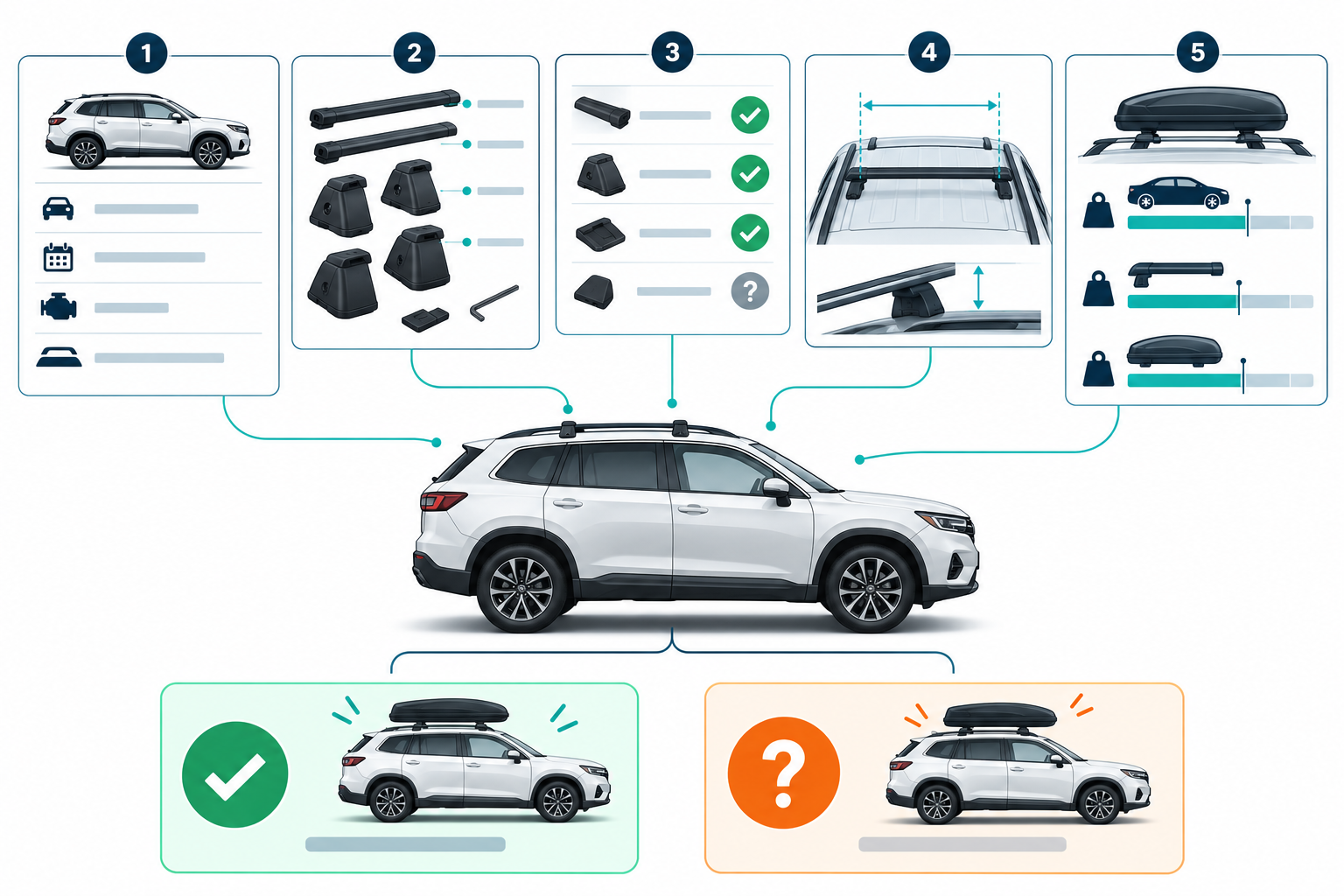 A fit-guide result connects a selected vehicle, rack parts, status, measurements, and load fields before a setup is considered complete