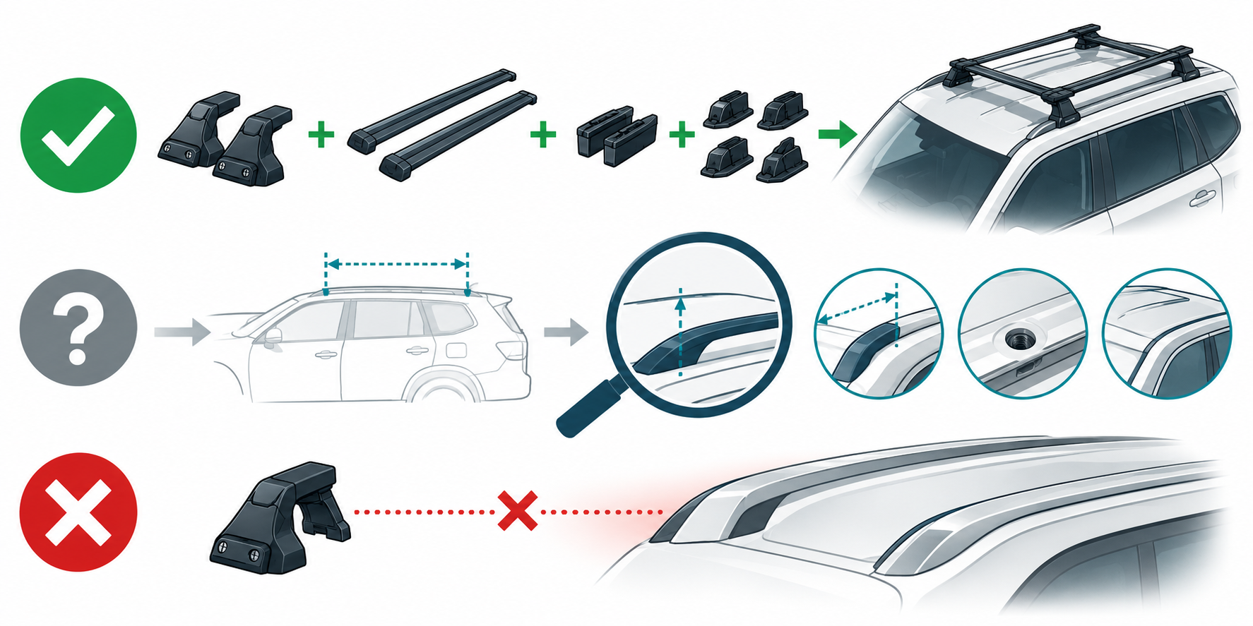 Three fit-result states: a complete matched setup, an unclear result that needs checking, and a product that does not fit the shown roof