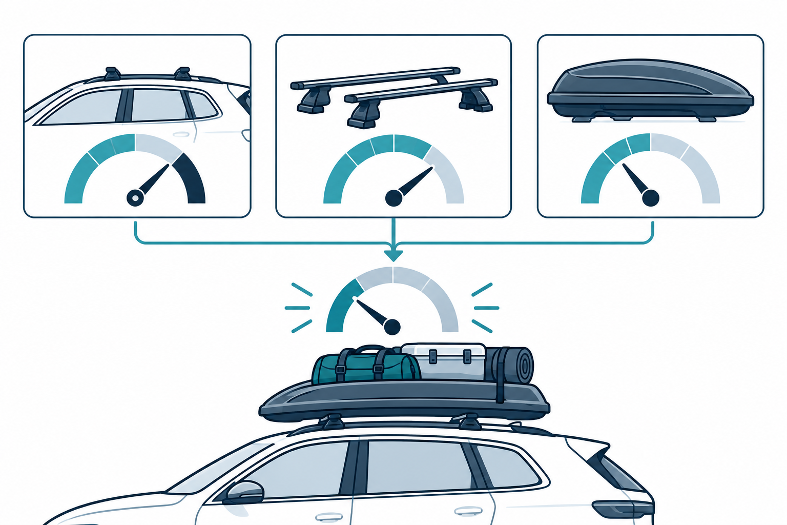Separate vehicle, rack, and carrier load gauges combine to constrain the cargo allowance