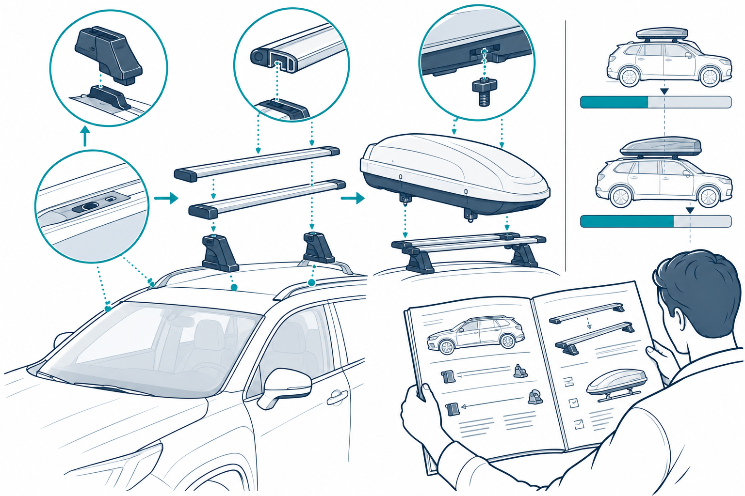 Vehicle roof interface, rack feet, bars, and accessory form a dependent fit path that must be checked against the vehicle and product instructions