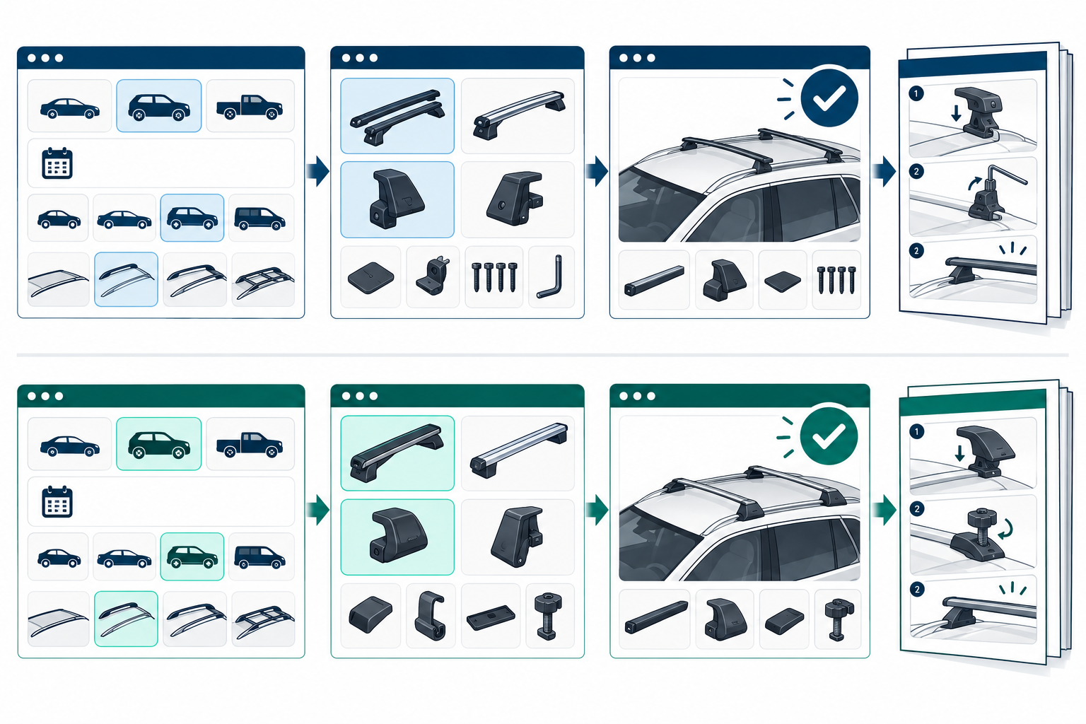Two separate brand-neutral vehicle fit-guide paths lead through vehicle selection, rack parts, result status, and installation instructions